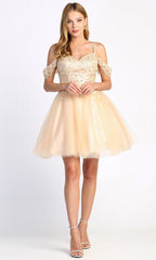 Adora Design 1006 - Floral Embroidered Lace-Up Back Mini Dress