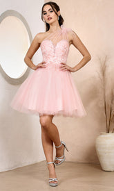 Adora Design 1054 - Asymmetric Neckline Floral Applique Short Dress