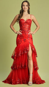 Adora Design 3221 - Scalloped Hem Floral Applique Prom Dress