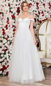 Adora Design 3244-01 - Off Shoulder Layered Dress with Beaded Brooch