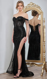 Adora Design 3296 - Fringe Accent Off Shoulder Evening Gown