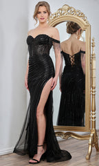 Adora Design 3296 - Fringe Accent Off Shoulder Evening Gown
