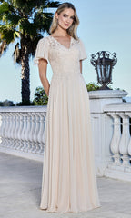 Adora Design 3356-03 - Lace Applique Flutter Sleeve Formal Gown