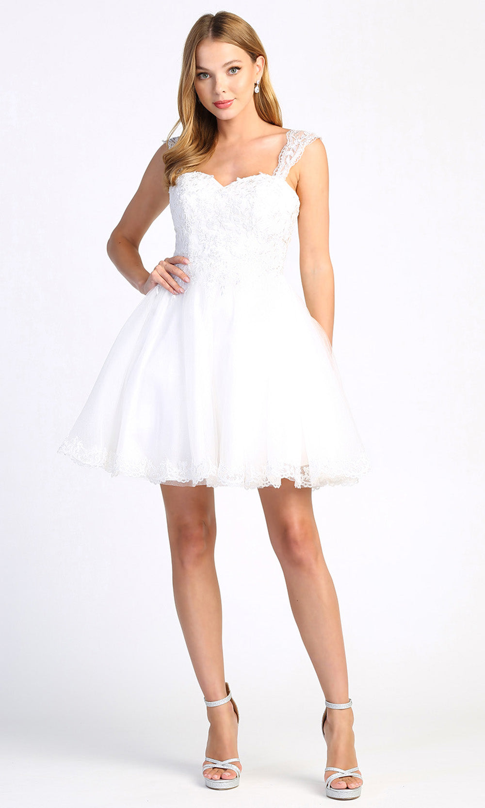 Adora Design 1004-01 - Lace Ornate Wide Strap Short Dress