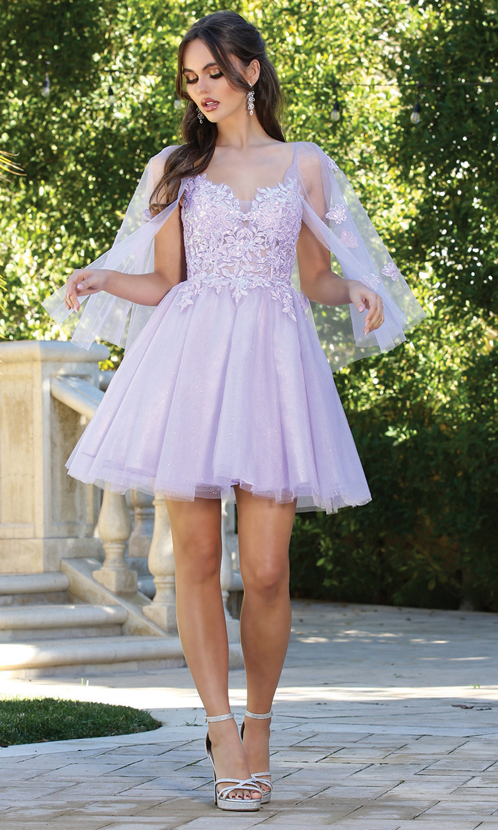Adora Design 1053 - Butterfly Applique Illusion Cape Sleeve Dress