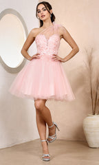 Adora Design 1054 - Asymmetric Neckline Floral Applique Short Dress