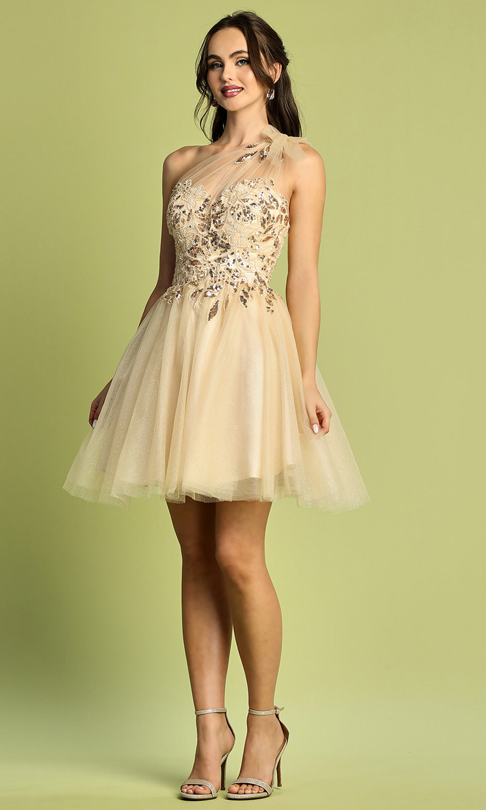 Adora Design 1054 - Asymmetric Neckline Floral Applique Short Dress