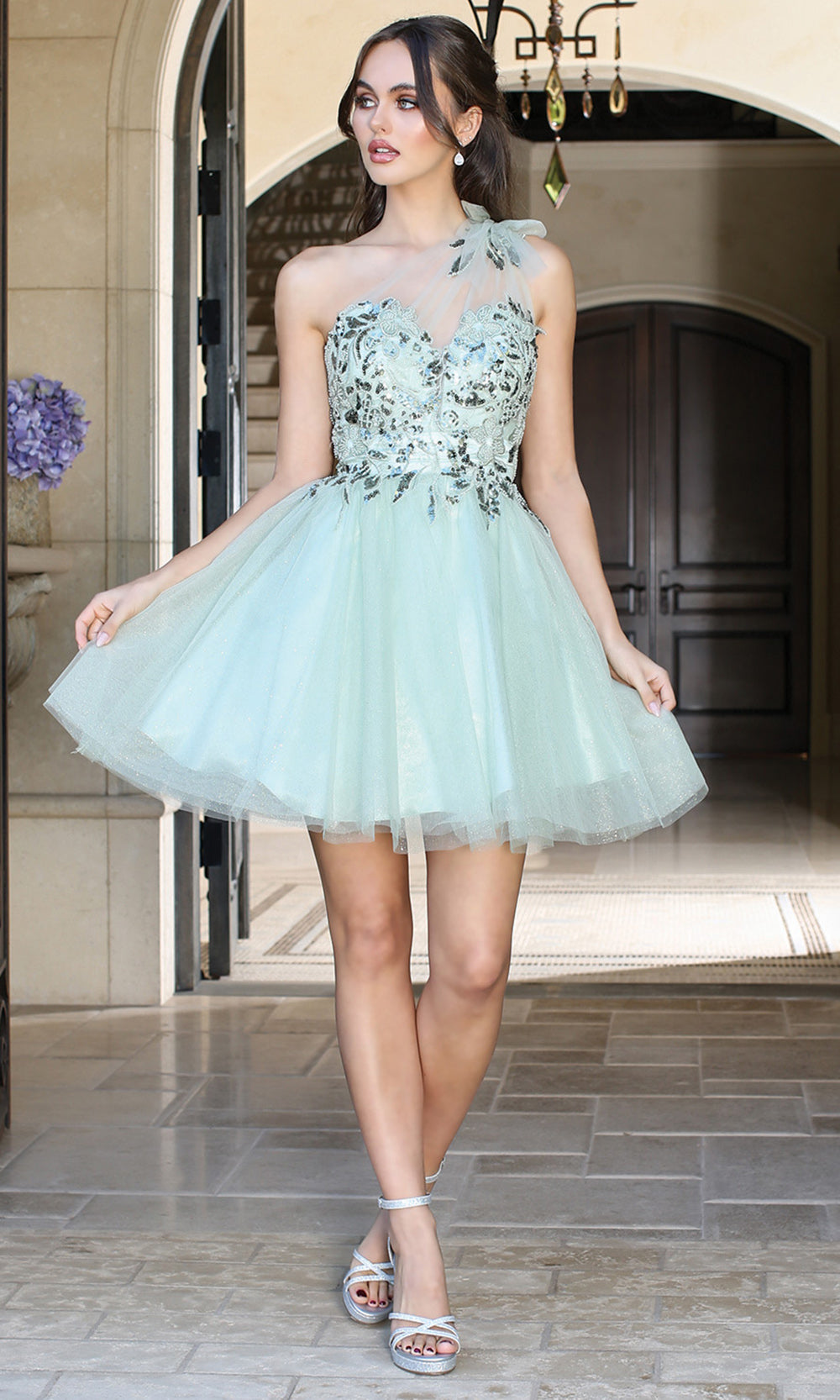 Adora Design 1054 - Asymmetric Neckline Floral Applique Short Dress