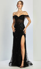 Adora Design 3238 - Off Shoulder Fringed Sleeve Prom Gown