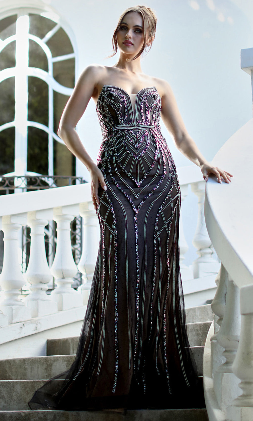Adora Design 3276 - Geometric Pattern Plunging Neckline Prom Gown