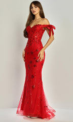 Adora Design 3307 - Off Shoulder Bow Sleeve Sparkling Gown