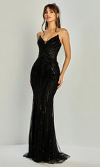 Adora Design 3311 - Linear Beadwork Deep V-Neck Long Gown