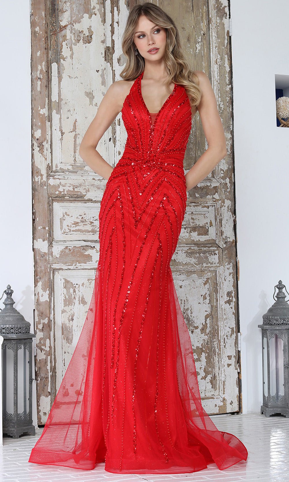 Adora Design 3350 - Cutout Lace-Up Back Beaded Prom Gown