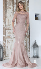 Adora Design 3354-03 - Embroidered Three-Quarter Sleeve Formal Gown
