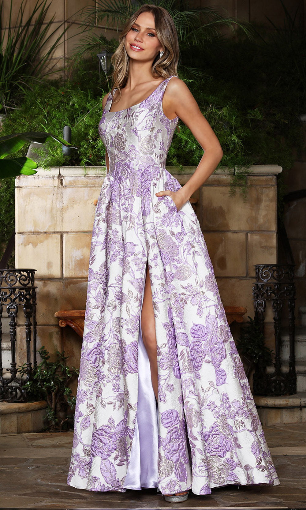 Adora Design 3379 - Floral Square Neck Evening Gown