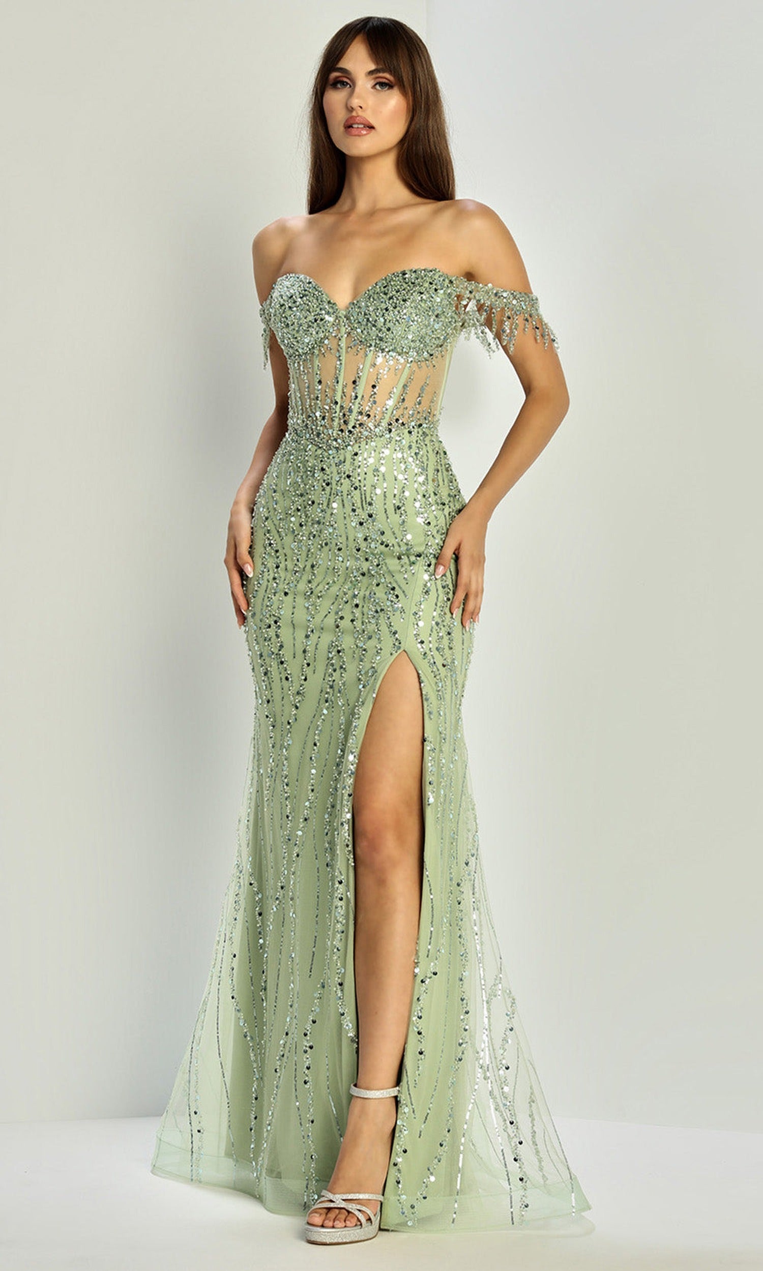 Adora Design 3238 - Off Shoulder Fringed Sleeve Prom Gown